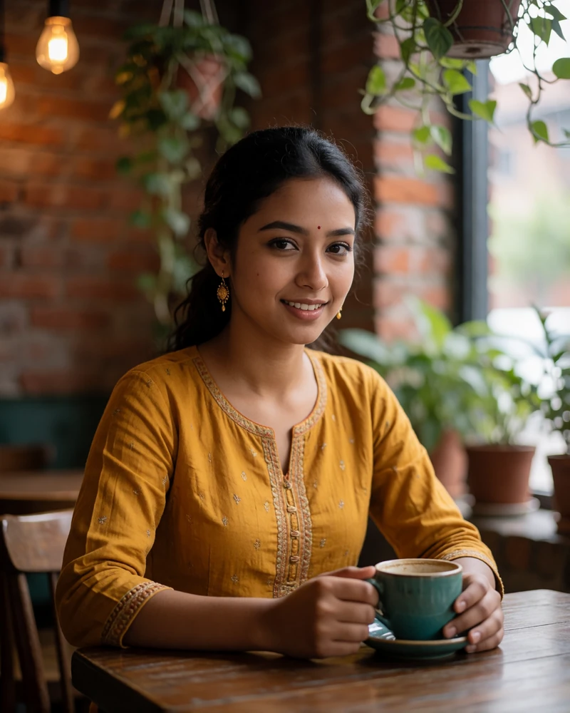 Nepali woman in a mustard kurta holding a ceramic cup at a small wooden café table in Kathmandu