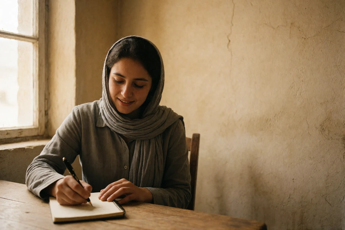 Afghan woman in a soft grey headscarf writing in a notebook at a wooden table in a quiet room
