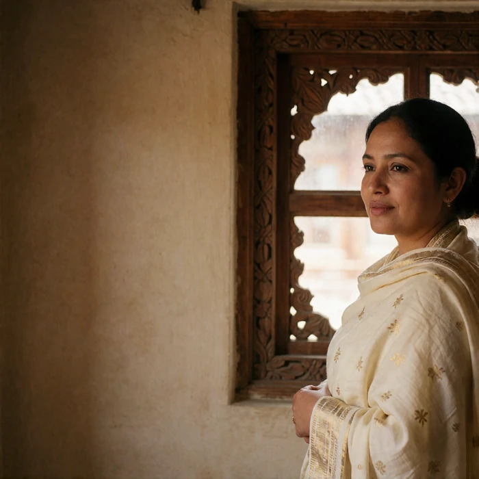 Nepali woman in a cream shawl with gold thread standing beside a carved wooden window in soft afternoon light