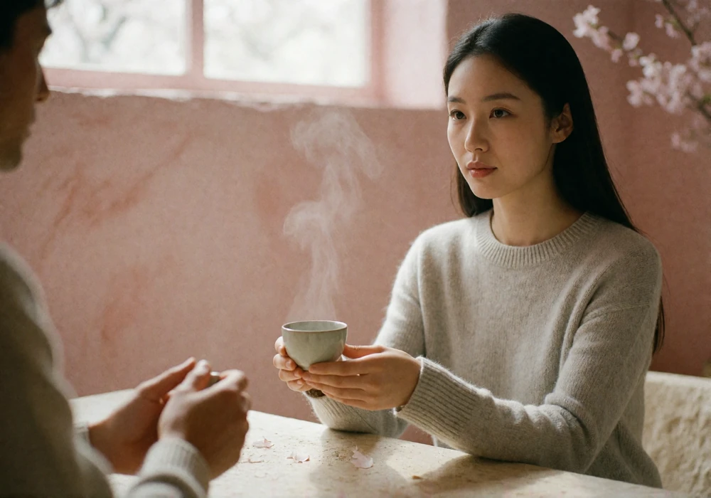 Asian woman offering a ceramic cup with both hands across a low tea table to her partner