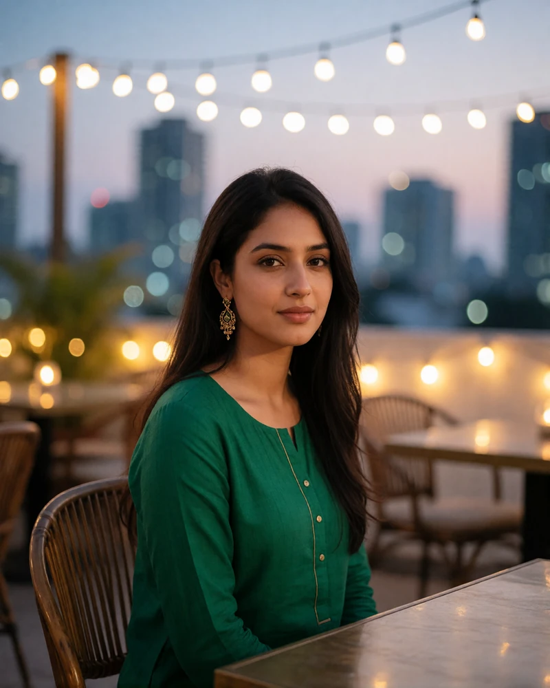 Pakistani woman in an emerald green kurta smiling at a rooftop lounge table in warm evening light
