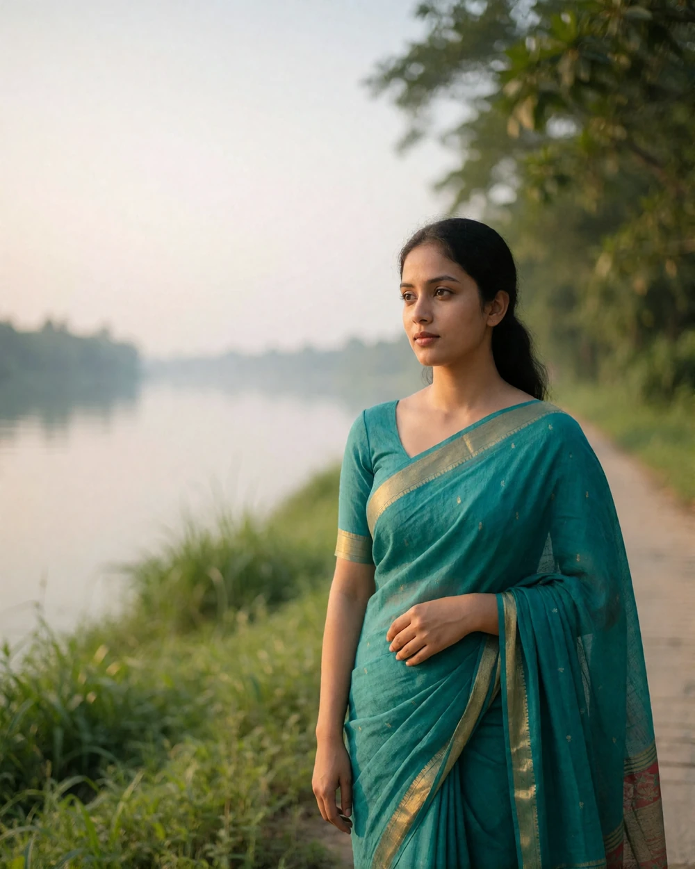 Bangladeshi woman in a soft teal cotton sari standing beside a calm riverside walkway in warm morning light