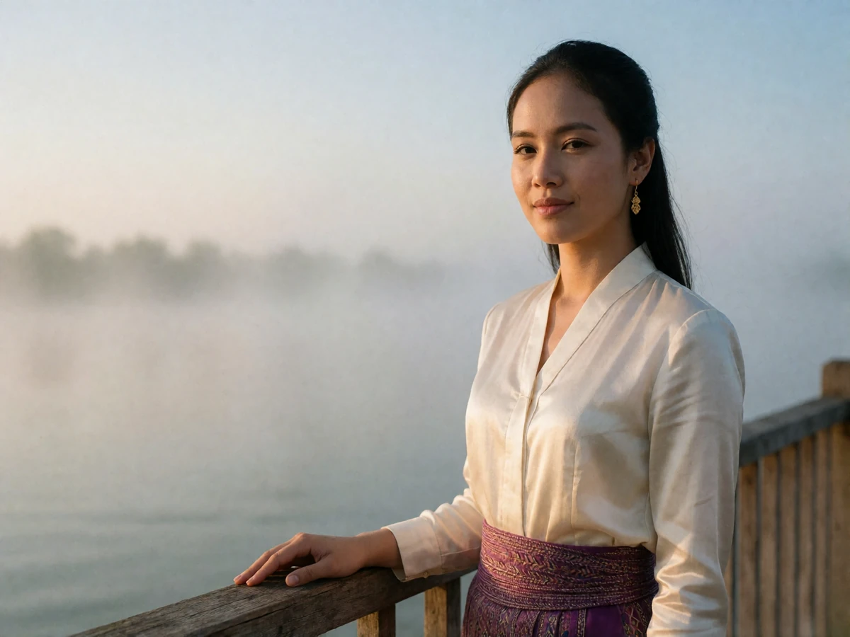 Laotian woman in an ivory blouse and woven plum sinh standing at a wooden riverside railing in early morning light