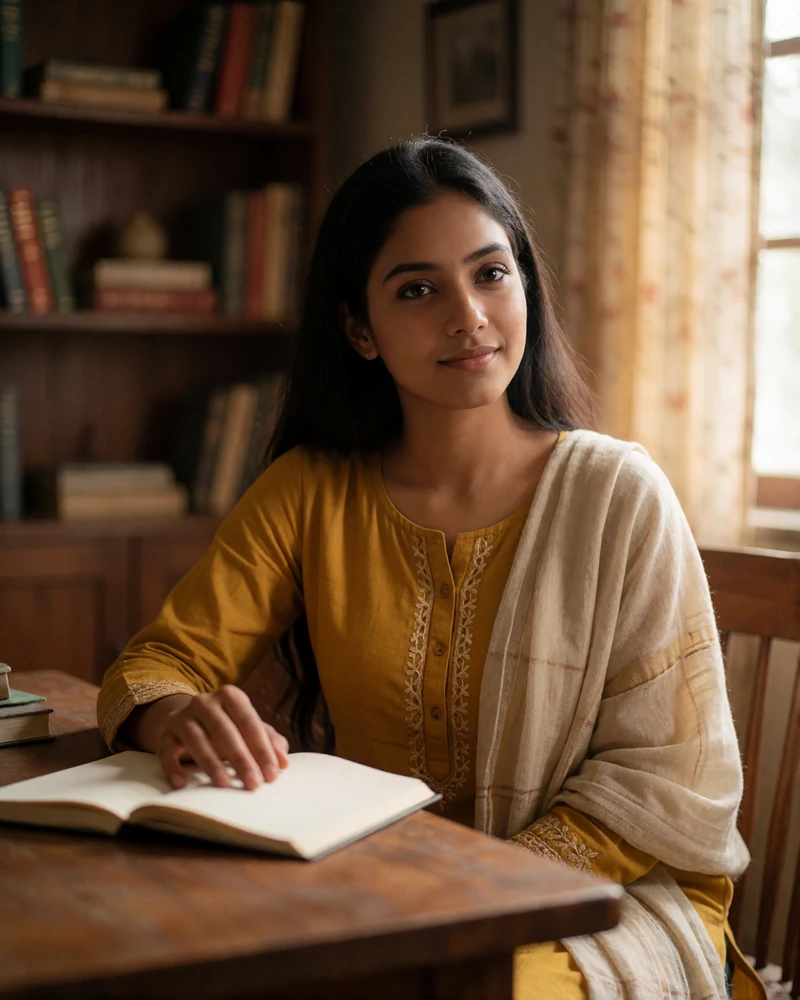 Bangladeshi woman in a mustard kameez seated at a wooden reading table in a warmly lit study