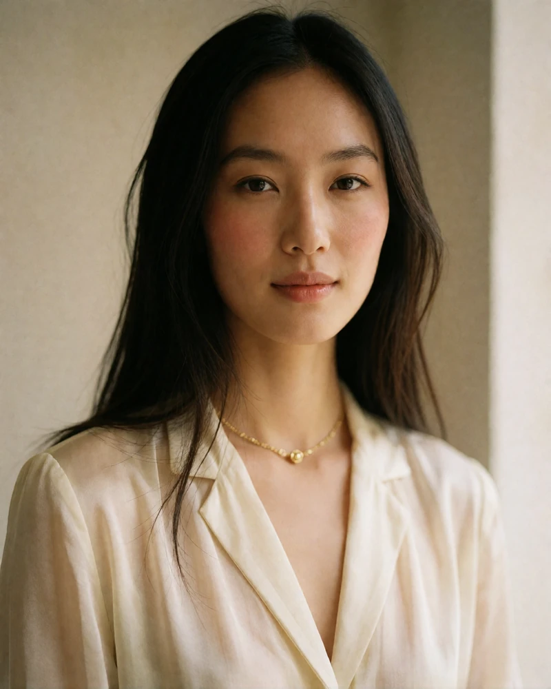 Chinese woman in an ivory blouse with a delicate gold necklace, warmly smiling with direct eye contact