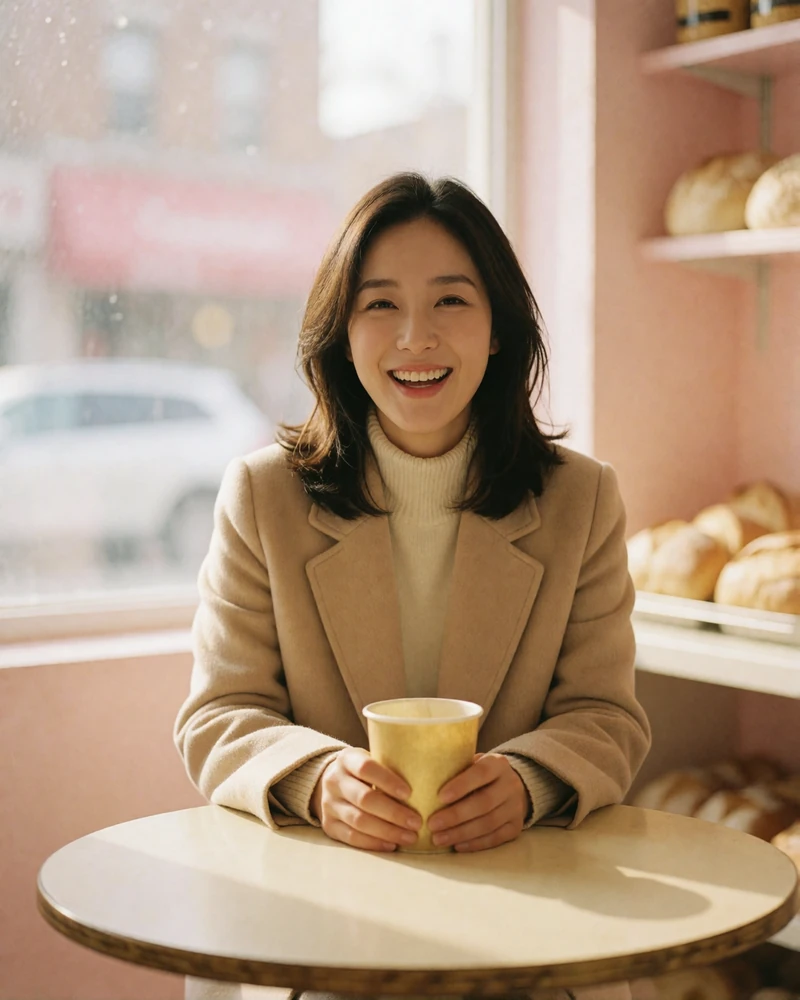 Korean woman in a light camel coat laughing softly at a small bakery table with warm window light