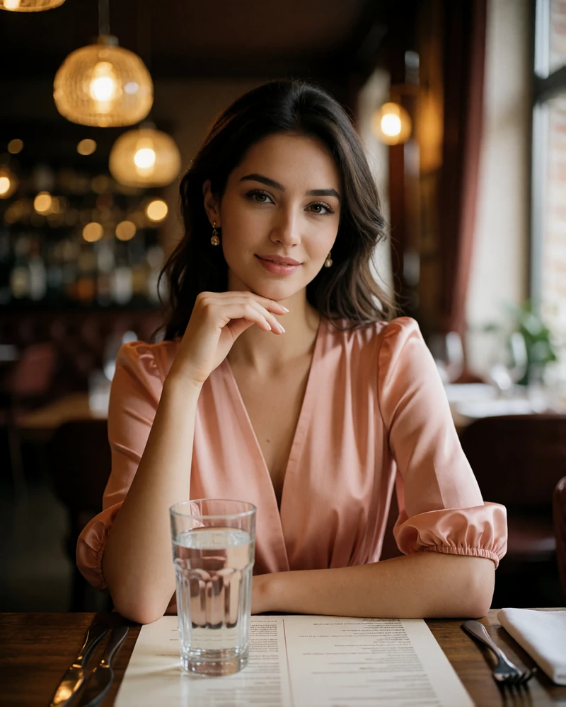 Kyrgyz woman in an elegant blush dress smiling at a softly lit restaurant table