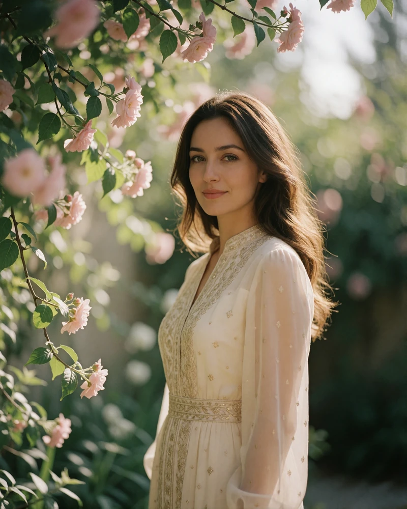 Tajik woman in an embroidered cream dress standing in a shaded garden beside flowering branches