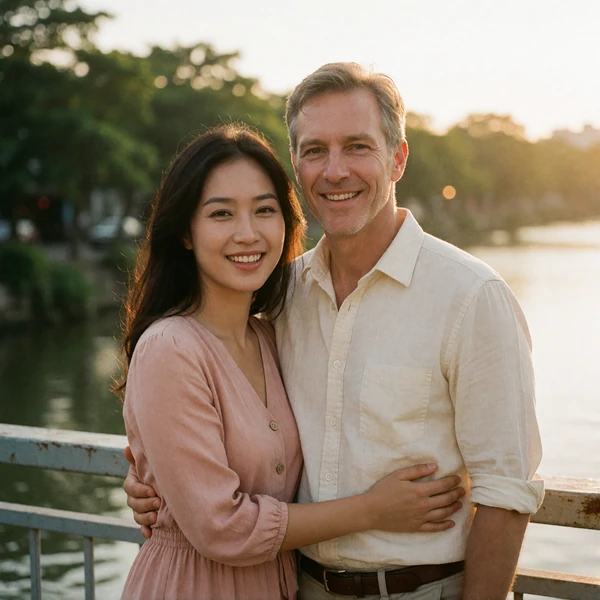 Vietnamese woman and a Western man standing together on a footbridge at golden hour