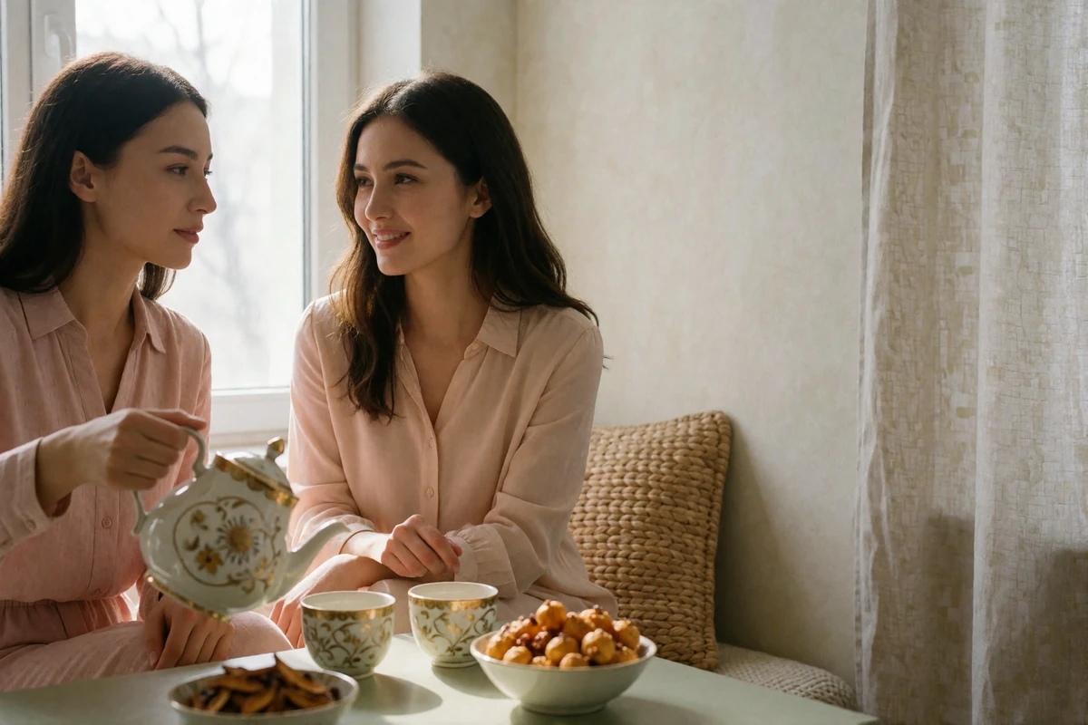Two Kazakh women sharing tea at a low table in a bright contemporary Almaty apartment