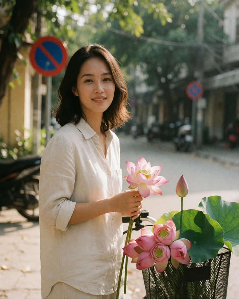 Vietnamese woman in a linen shirt standing beside a bicycle laden with fresh lotus flowers