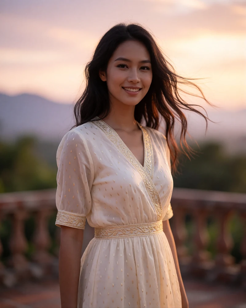 Laotian woman in an ivory dress standing on an open terrace at sunset with hair moved by the breeze
