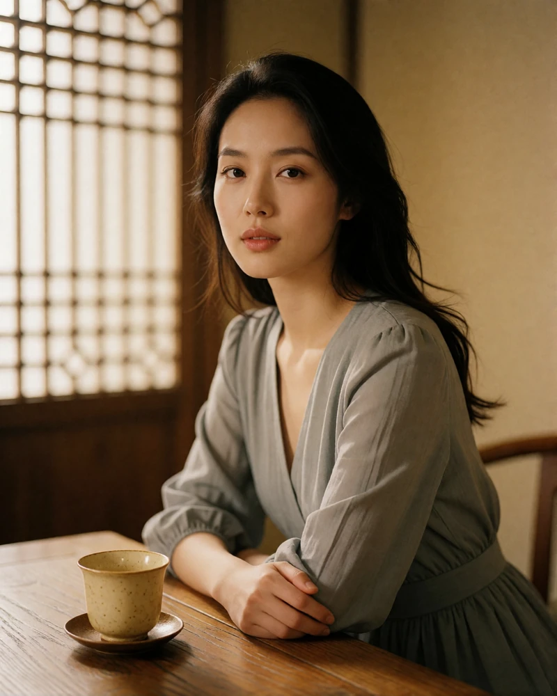 Chinese woman in a soft grey dress seated at a wooden tea table with a relaxed, welcoming expression
