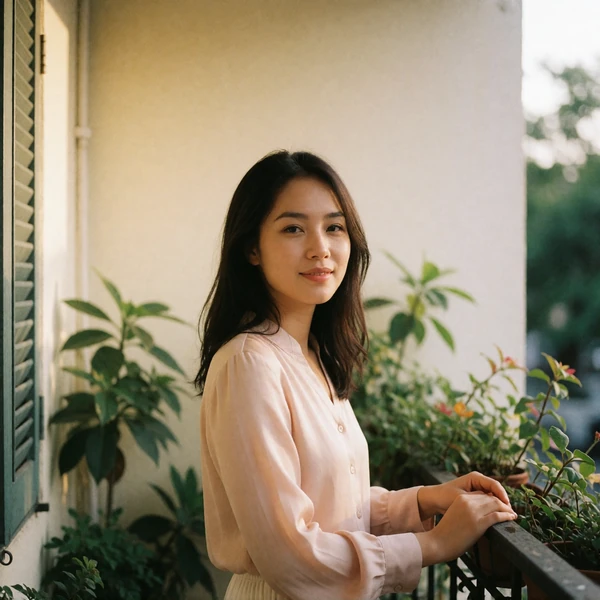 Vietnamese woman in a blush blouse standing on a small plant-filled balcony