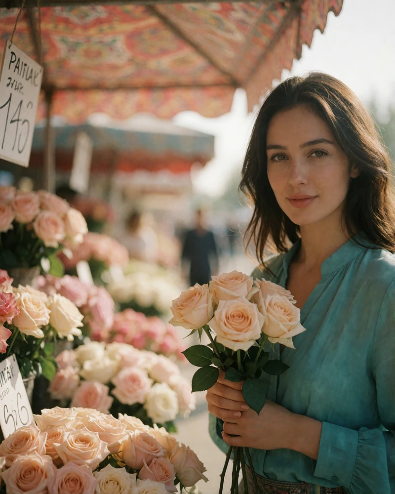 Turkmen woman in a teal blouse holding pale roses at an outdoor flower stall