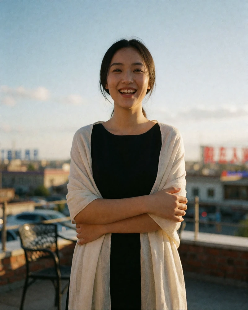 Mongolian woman in a black dress laughing softly on an open terrace at dusk