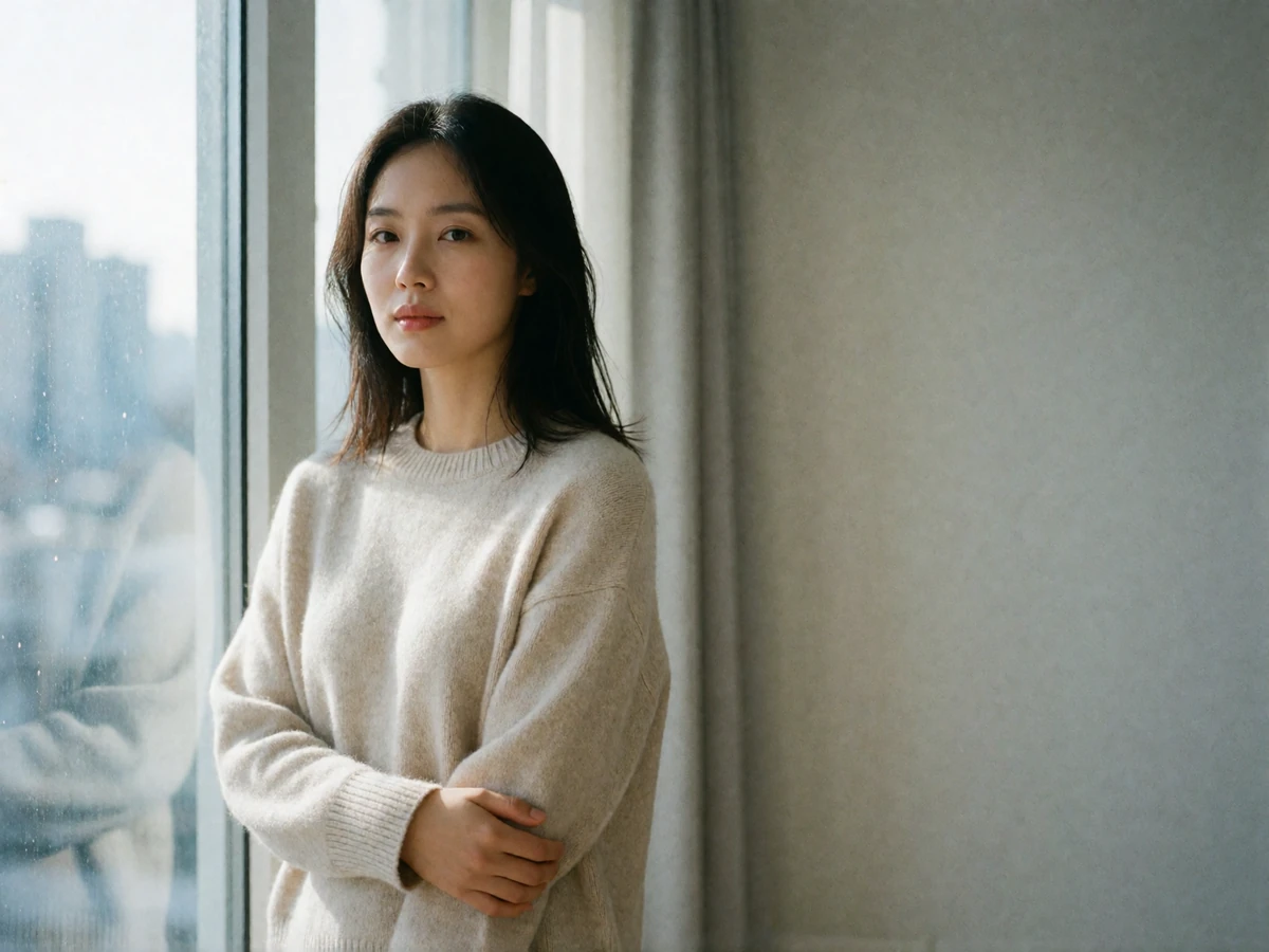 Korean woman in an oatmeal sweater standing beside a tall apartment window, looking out with a quiet expression