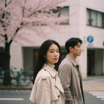 Asian woman in a light trench coat walking beside her partner along a quiet city street