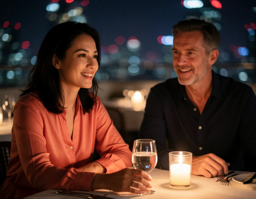 Malaysian woman and a Western man in relaxed conversation at a candlelit rooftop restaurant table