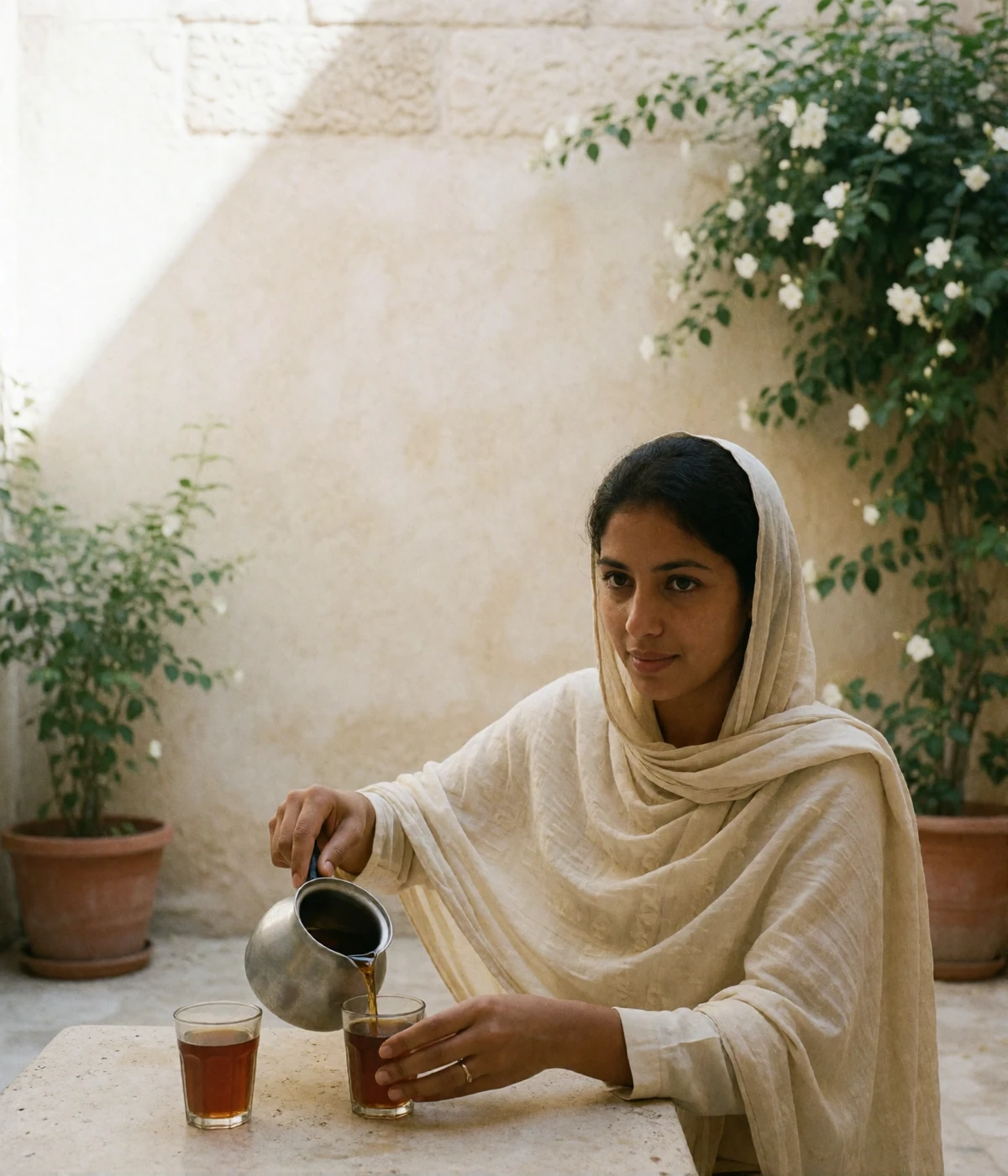 Yemeni woman in a cream headscarf pouring tea in a shaded courtyard with pale stone walls and jasmine