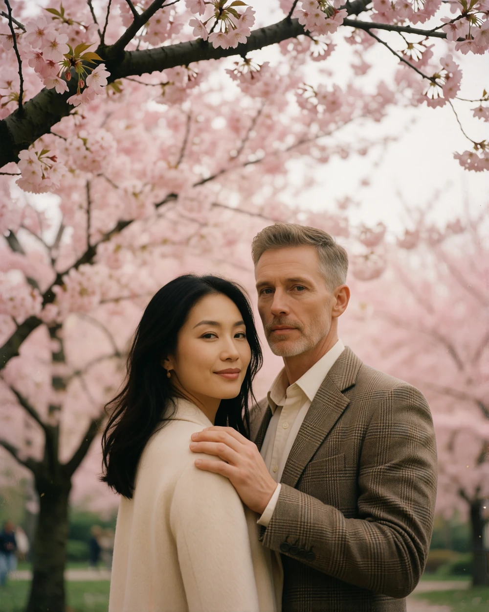 Asian woman and her partner sharing a close, smiling moment beneath blossoming trees in a quiet park