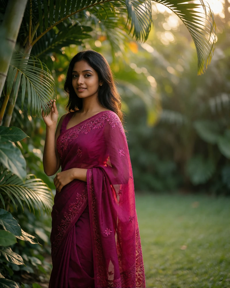Sri Lankan woman in a deep magenta embroidered sari standing among tropical garden foliage