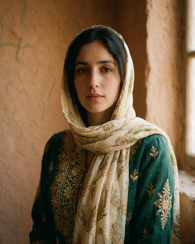Afghan woman in an embroidered emerald dress with a softly draped patterned headscarf, photographed from the chest up against a warm ochre wall