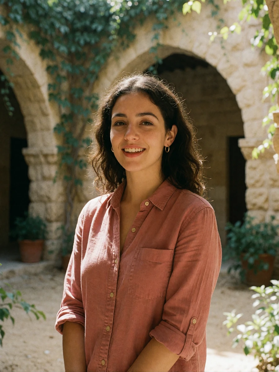 Jordanian woman with dark wavy hair smiling in a shaded stone courtyard with climbing vines