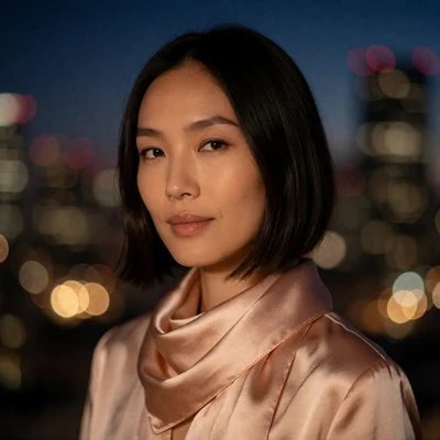 Portrait of an Asian woman with a sleek dark bob and blush silk scarf against evening city lights