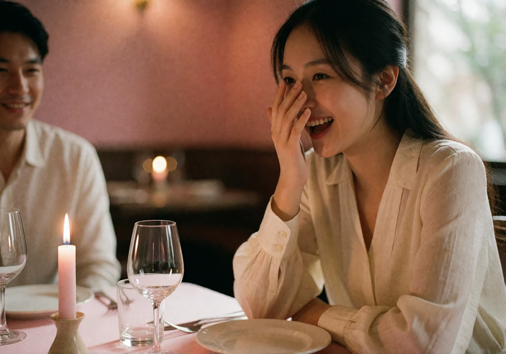 Asian woman covering her smile while laughing in gentle surprise across a candlelit dinner table from her partner