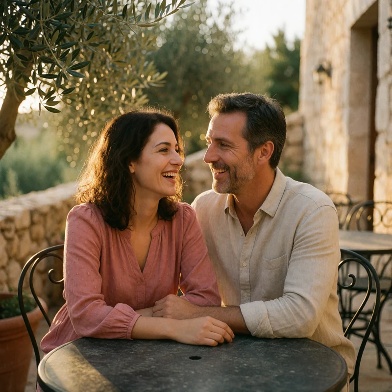 Jordanian woman and a Western man laughing together at a small terrace table surrounded by olive trees