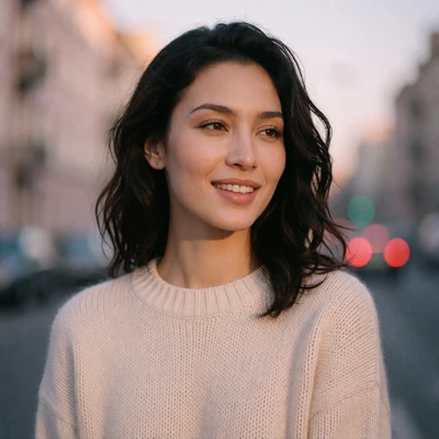 Portrait of a Central Asian woman in a cream knit sweater smiling softly on a city street