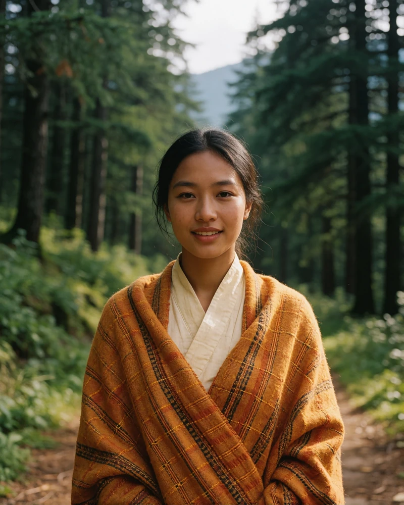 Bhutanese woman in a saffron woven wrap standing at the edge of a pine forest path with a warm open smile
