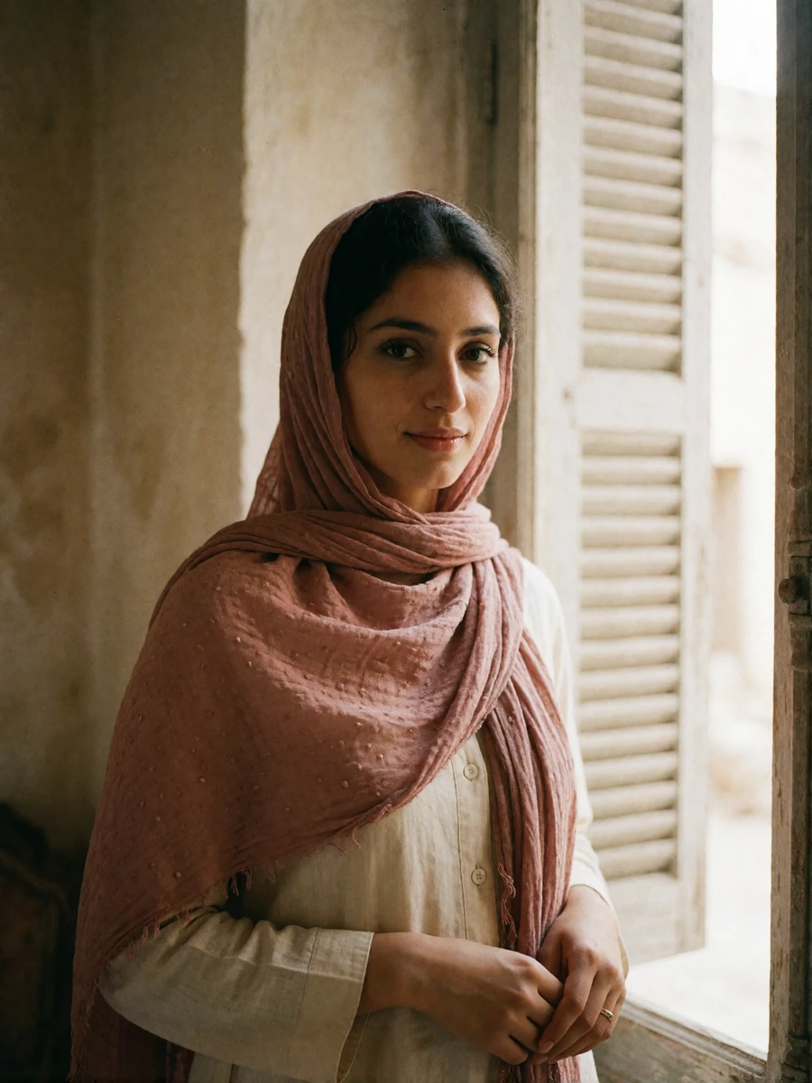 Yemeni woman in a dusty rose headscarf standing beside a tall shuttered window with a soft modest smile