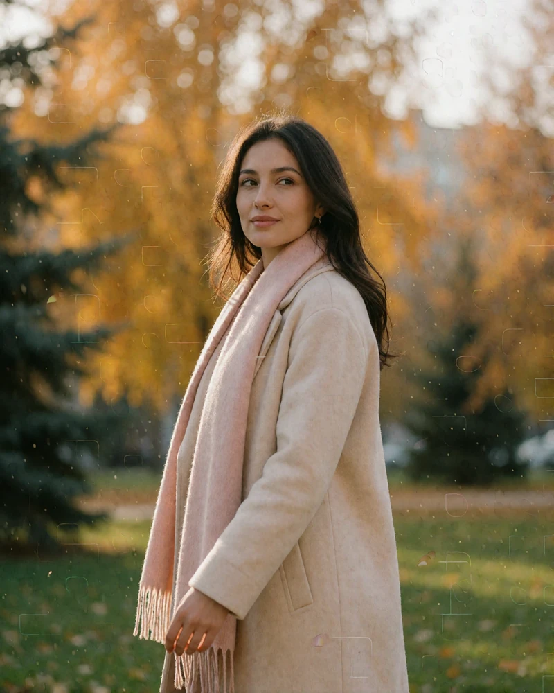 Kazakh woman in a cream coat walking through a city park in early autumn