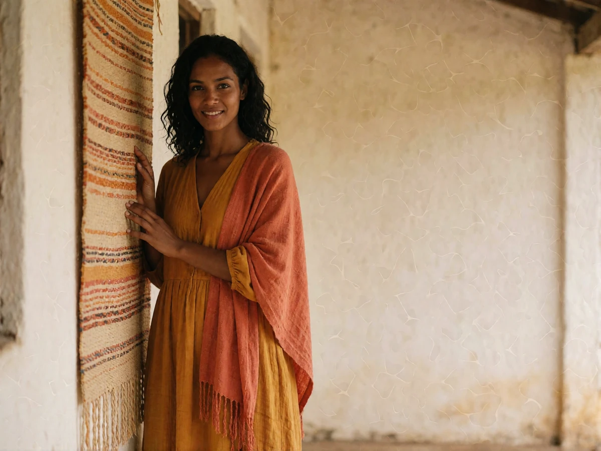 Timorese woman in an ochre dress with a coral tais shawl standing beside a woven textile on a sunlit veranda wall