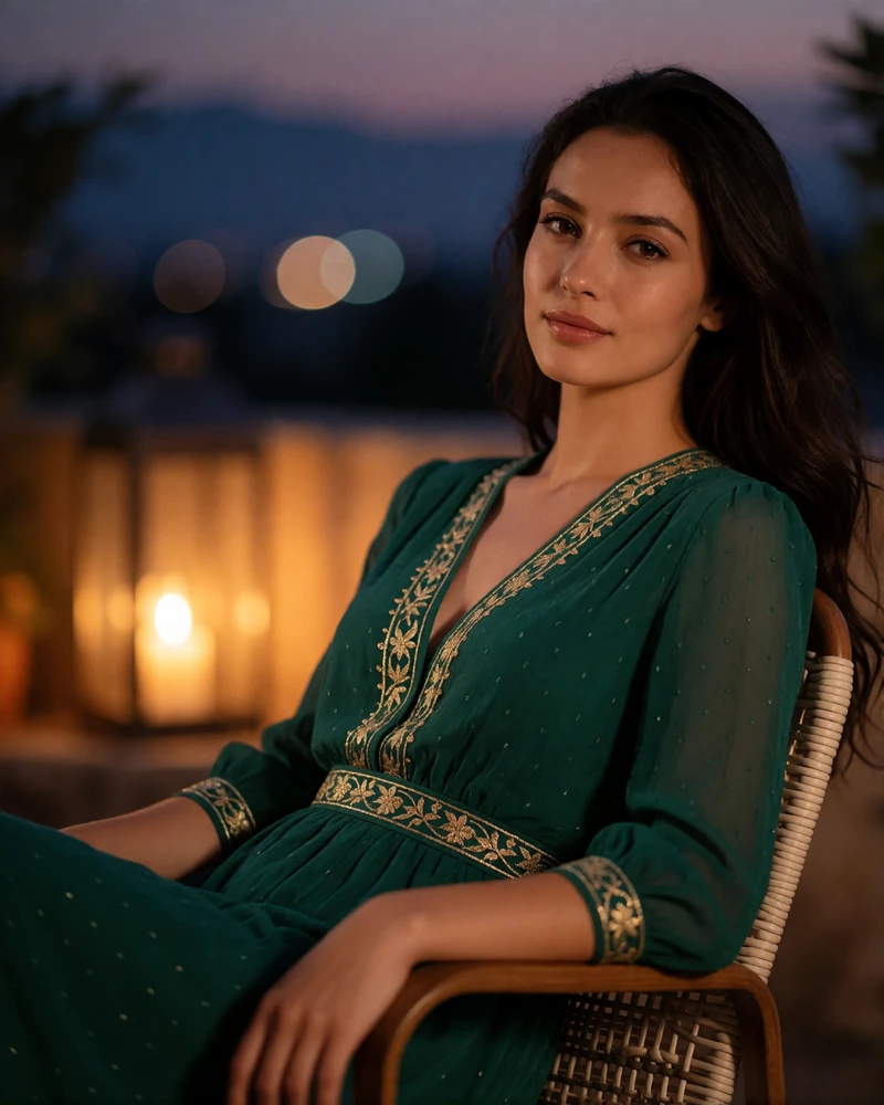 Uzbek woman in an emerald dress seated on a terrace chair at dusk in Bukhara