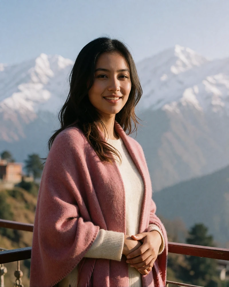 Nepali woman in a rose wool shawl smiling on a hillside terrace with distant snow-capped mountains behind her
