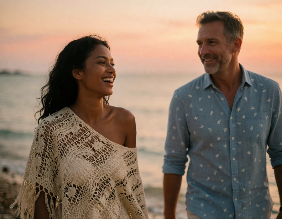 Timorese woman and a Western man walking barefoot along a quiet shoreline at sunset sharing a laugh