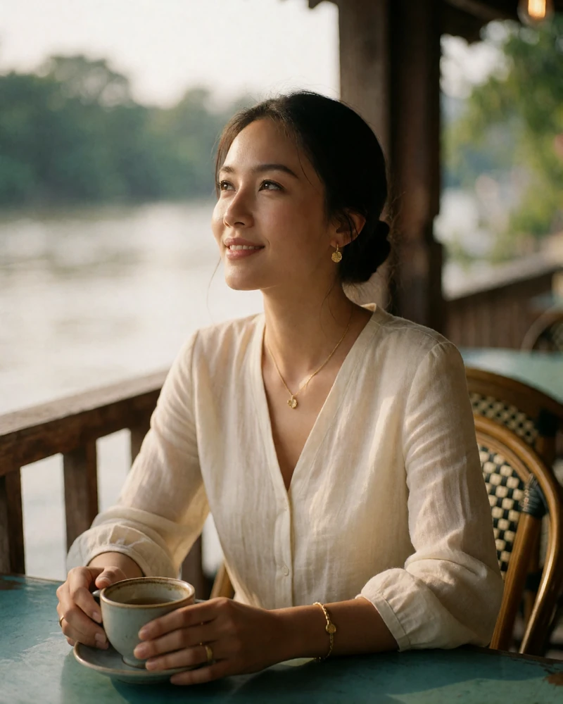 Thai woman in an ivory linen blouse holding a ceramic cup at a riverside cafe in Chiang Mai