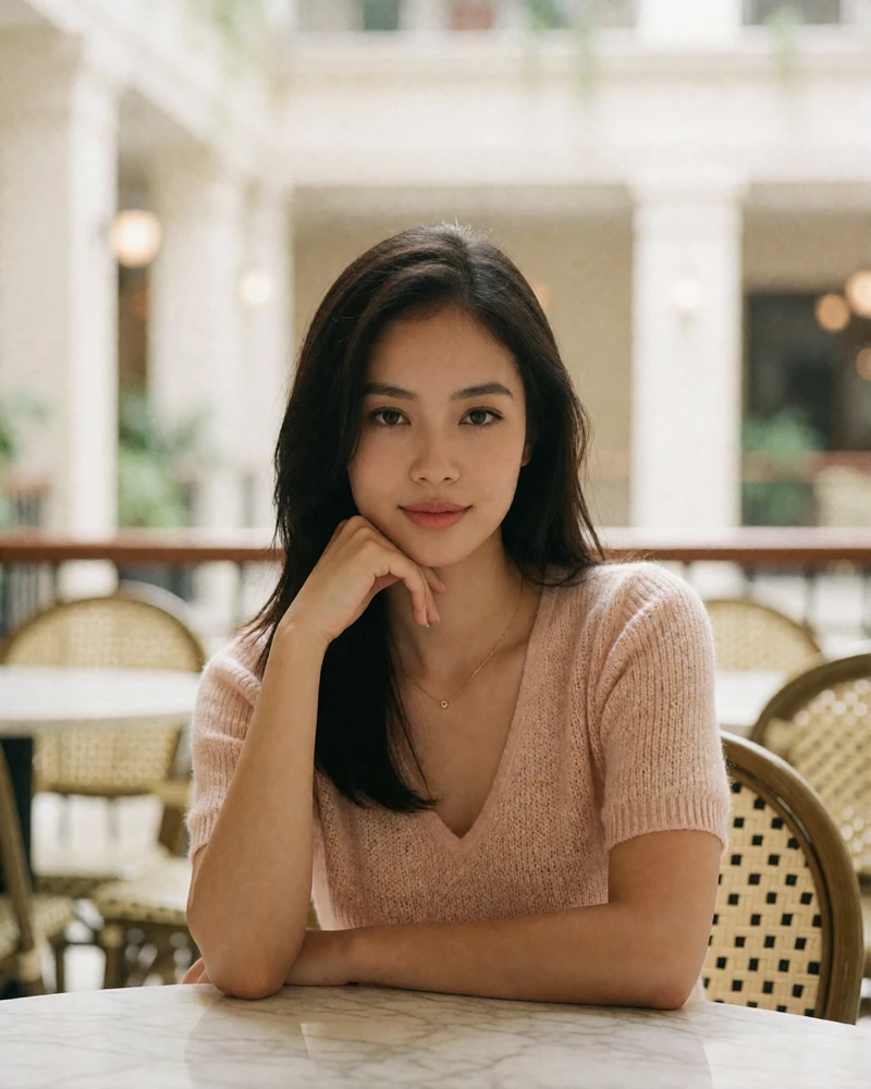 Malaysian woman with long dark hair seated at a marble café table in a bright Kuala Lumpur atrium