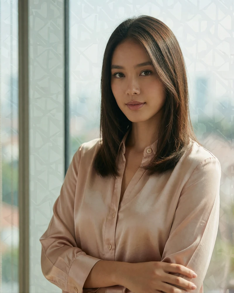 Singaporean woman in a blush silk blouse standing near floor-to-ceiling windows in a quiet office lounge