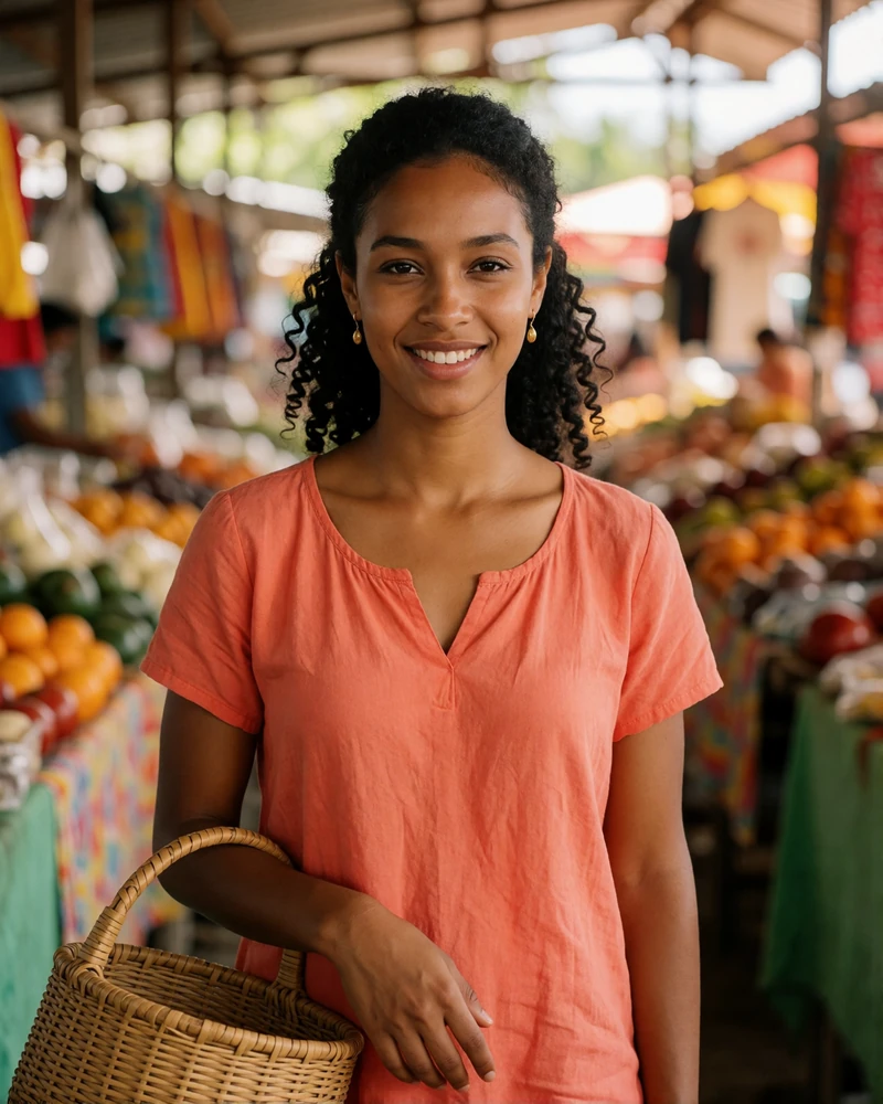 Timorese woman in a coral blouse smiling in a bright open-air market aisle with woven baskets