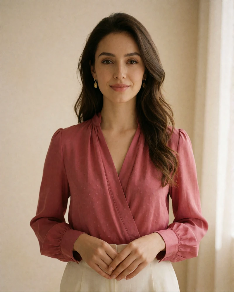 Tajik woman in a deep rose blouse smiling softly in a warm studio portrait