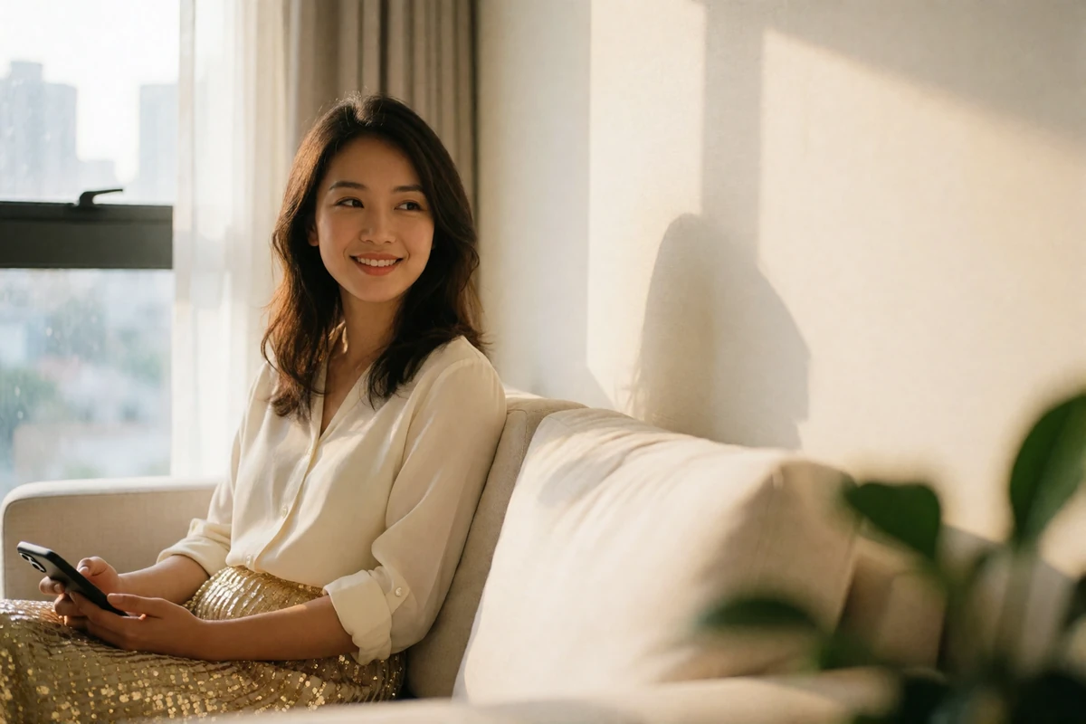 Taiwanese woman sitting on a light sofa in a bright modern apartment, smiling warmly while holding her phone