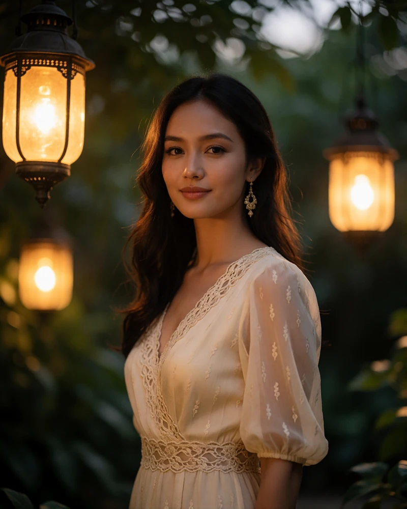 Cambodian woman in a soft gold dress standing in a lantern-lit garden at dusk with a gentle candid smile