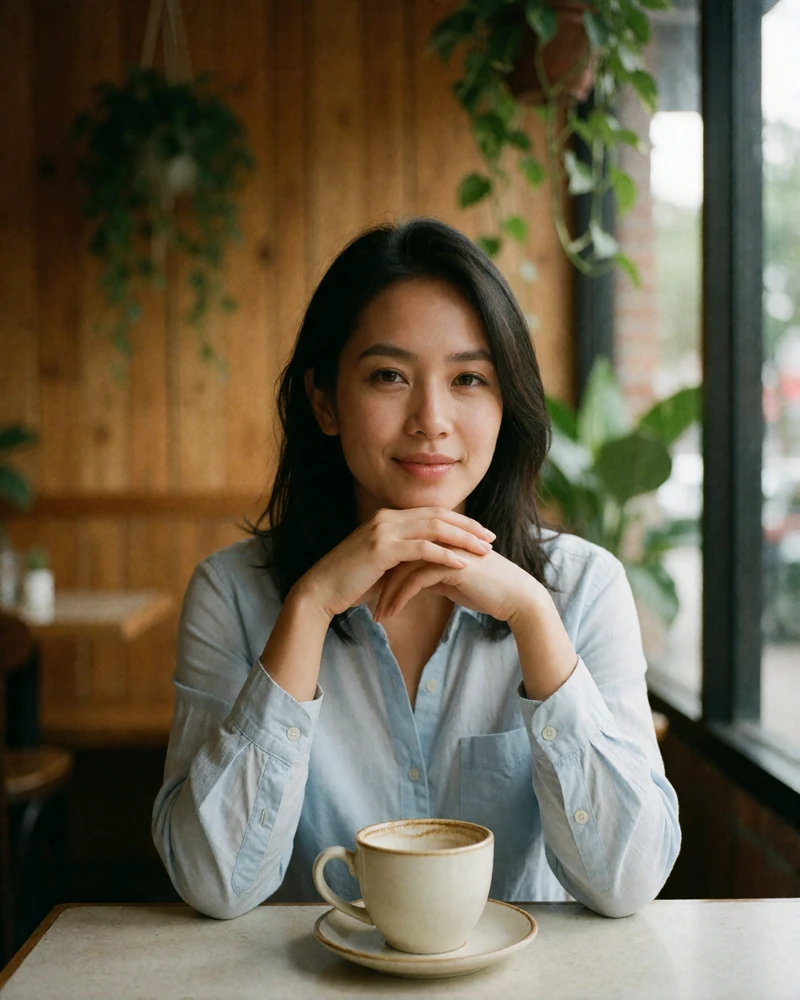 Filipina woman in a pale blue shirt smiling at a small café table