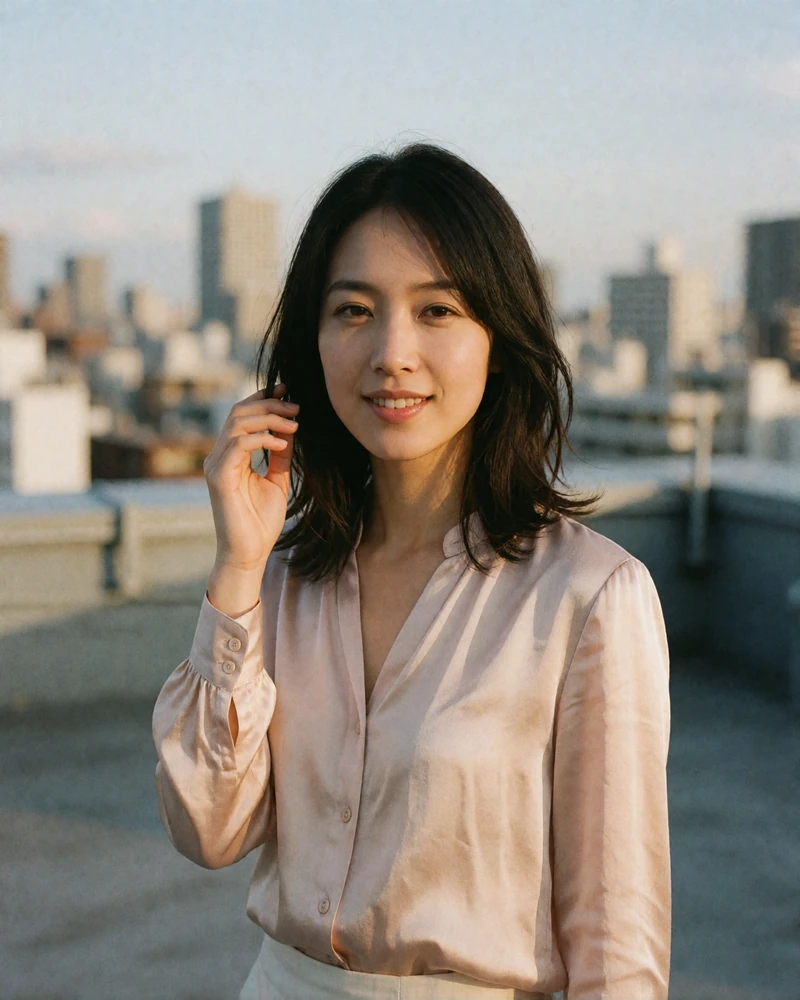 Japanese woman in a pale blush silk blouse standing relaxed on a rooftop terrace at early evening