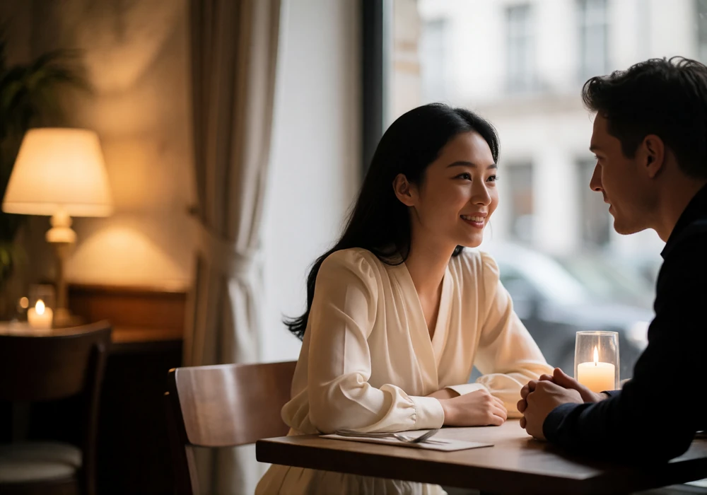 Asian woman and her partner leaning in with sustained eye contact during a candlelit restaurant conversation