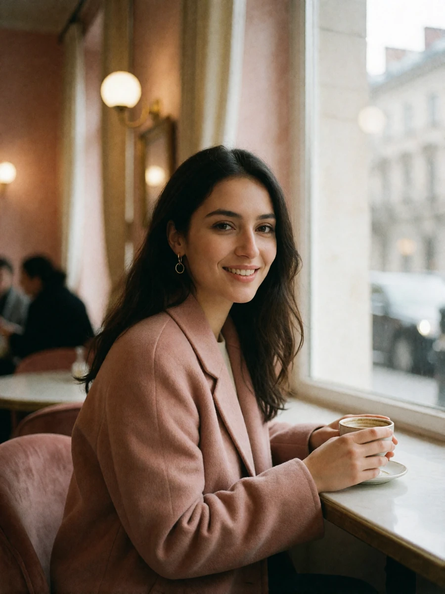 Armenian woman with long dark hair and gold earrings smiling by the window of an elegant city cafe